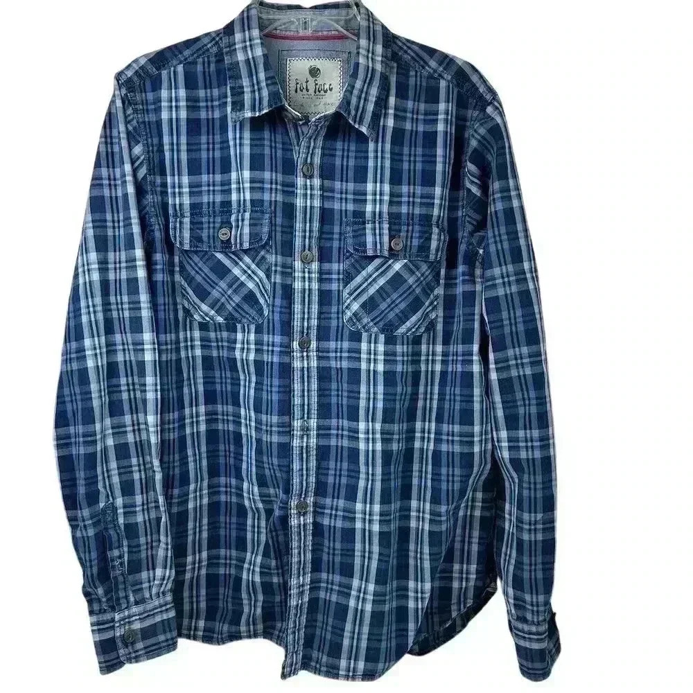 Fat Face Men's Plaid Long Sleeve Button-Up Shirt Blue Size L‎